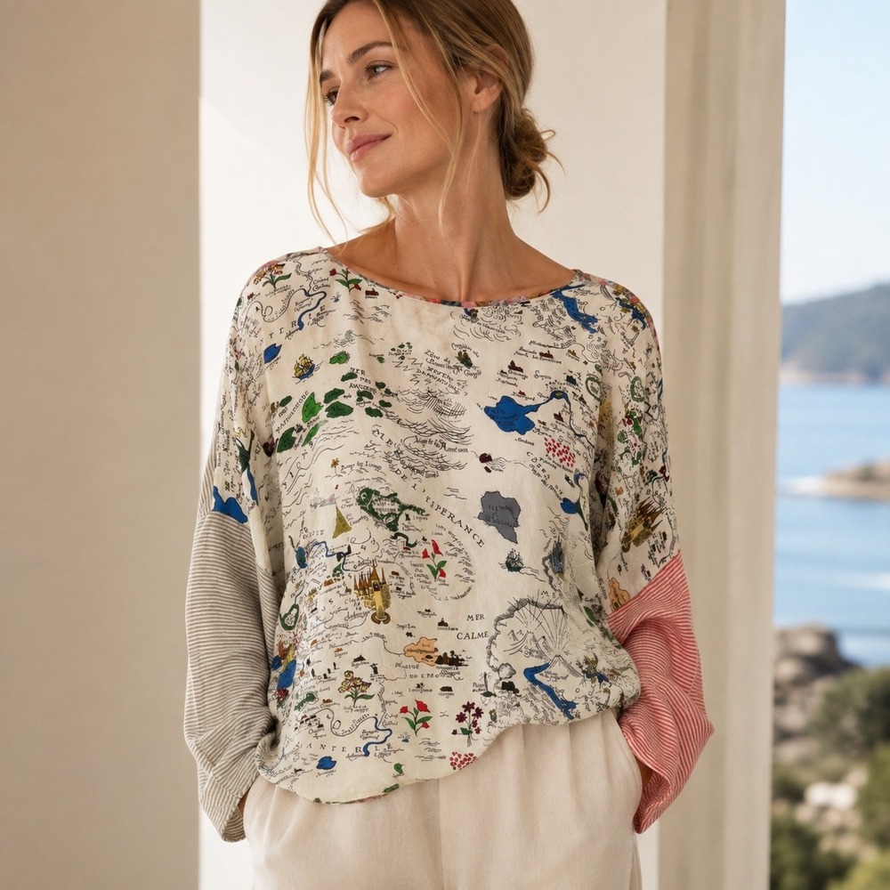 La Prestic Ouiston Map Feather Patchwork‎ Top Womens M 3 Multicolor Silk Linen